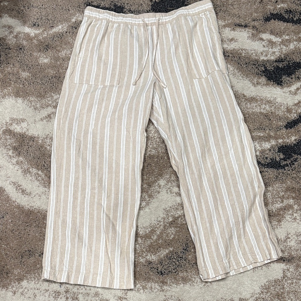 GAP Beige and White Striped Wide-Leg Drawstring Linen Pants